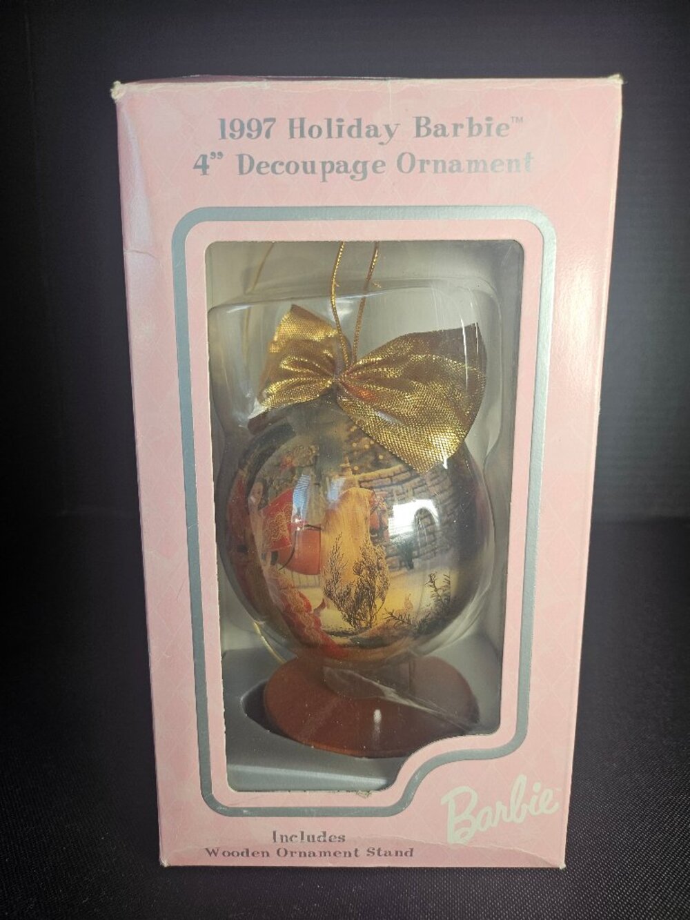 1997 Holiday Barbie 4 Inch Decoupage Ornament with Wooden Stand